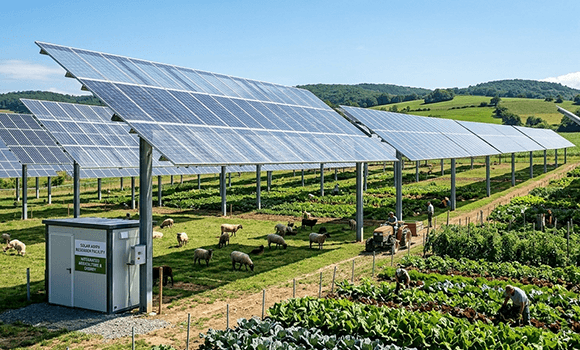 Agrivoltaic solar panels installed above agricultural farmland in Telangana