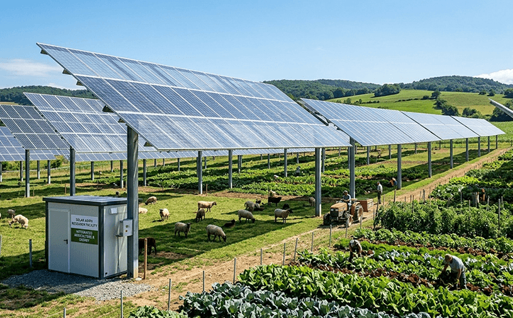 Agrivoltaic solar panels installed above agricultural farmland in Telangana